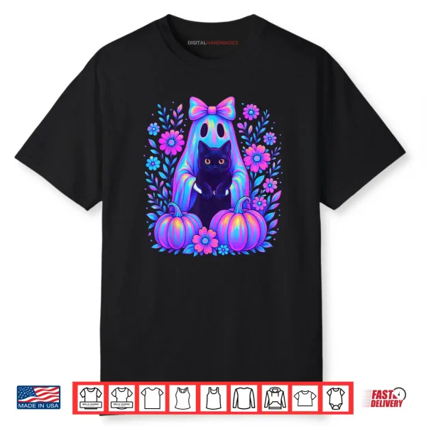 Colorful Halloween Ghost Holding Black Cat Bow Spooky Shirt