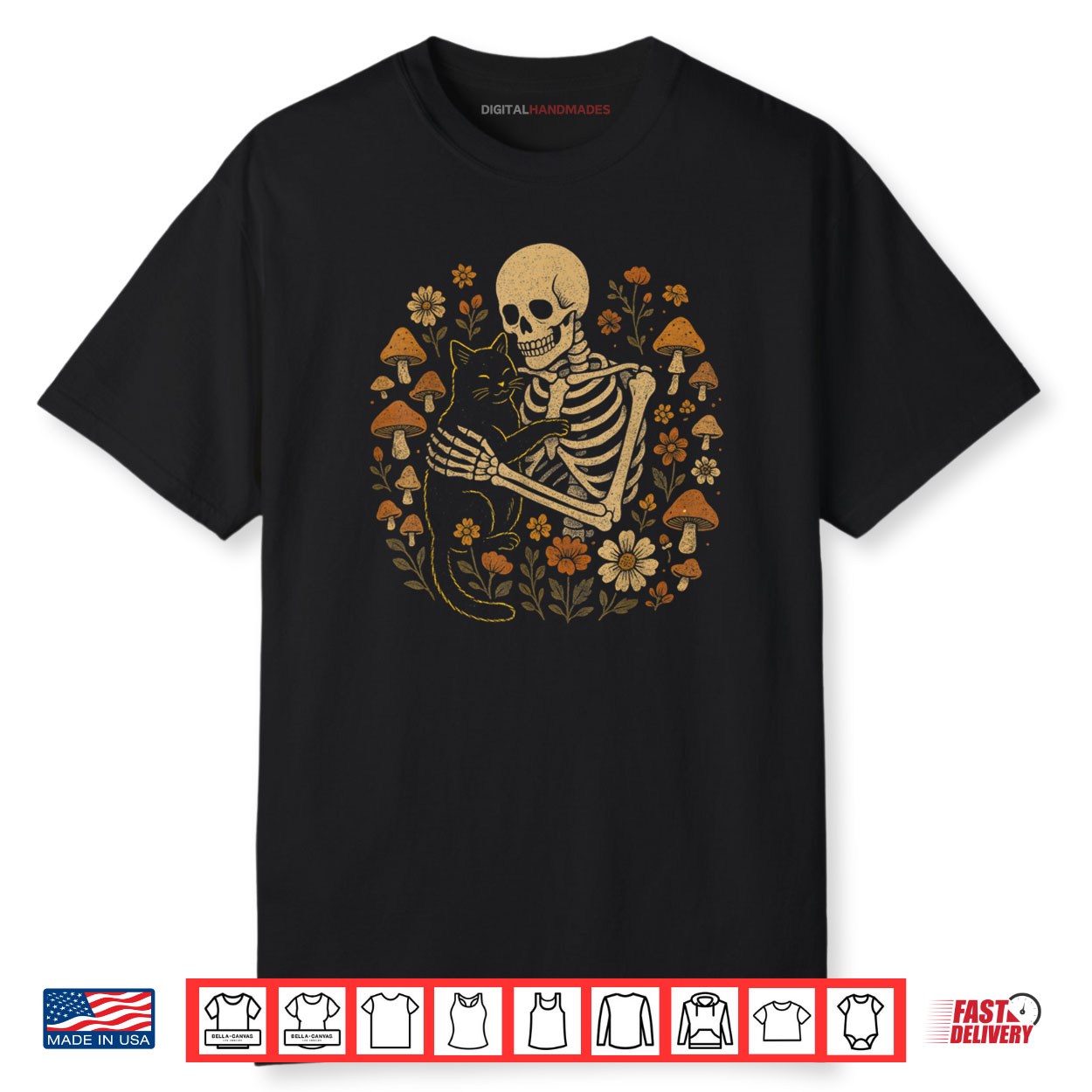 Cottagecore Aesthetic Floral Mushroom Skeleton Hugging Cat Shirt