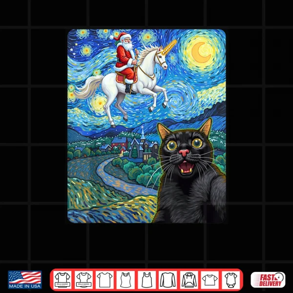 Design Black Cat Selfie with Santa Unicorn Starry Night Oil Paint Shirt