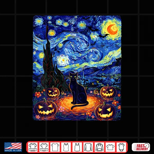 Design Black Cat Van Gogh Starry Night Cat Costume Halloween Shirt