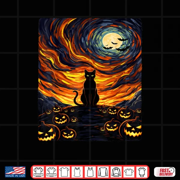 Design Black Cat Van Gogh Starry Night Halloween Cat Shirt