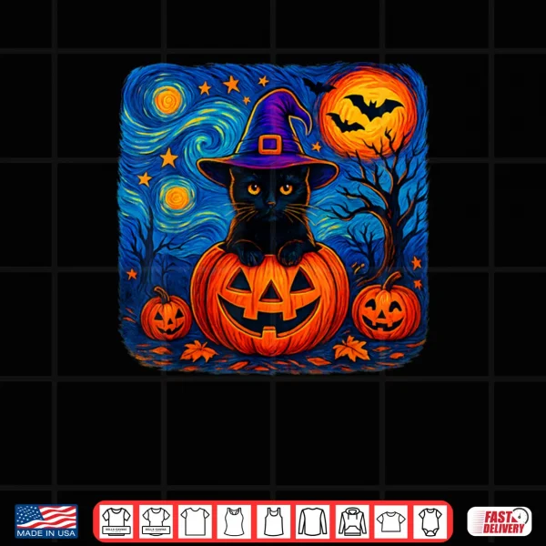 Design Black Cat Van Gogh Starry Night Halloween Costume Shirt