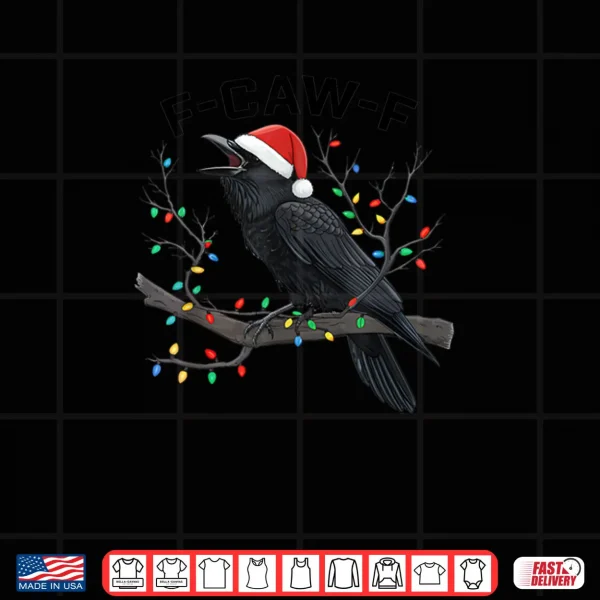Design Black Crow F caw f Funny Retro Christmas Lights Santa Hat Shirt