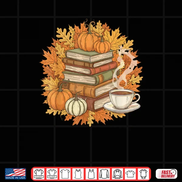 Design Books Coffee Fall Leaves and Pumpkins Vintage Library Shirt