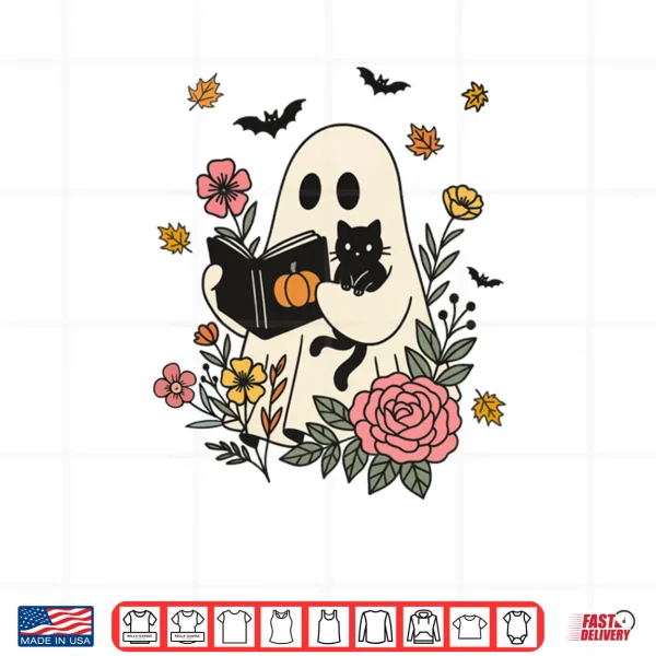 Design Books Ghost Reading Book Halloween Library Cat Fall Autumn Shirt