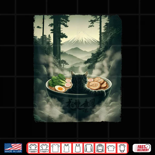 Design Cat Ramen Mount Fuji Zen Aesthetic Funny Japanese Shirt