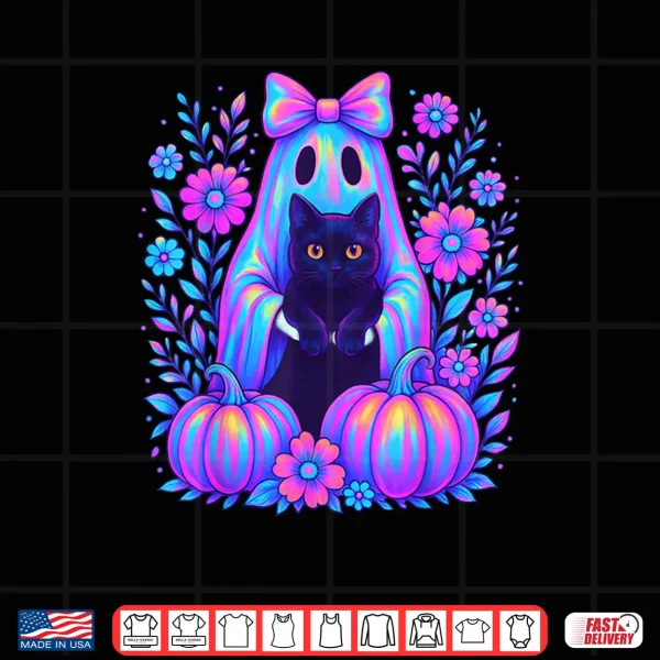 Design Colorful Halloween Ghost Holding Black Cat Bow Spooky Shirt