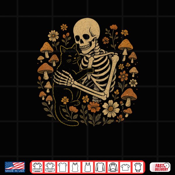 Design Cottagecore Aesthetic Floral Mushroom Skeleton Hugging Cat Shirt