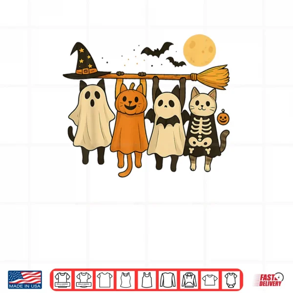 Design Cute Halloween Cat Ghost Pumpkin Skeleton Shirt