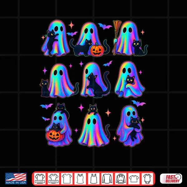 Design Floral Color Ghost Holding A Black Cat Lazy Spooky Halloween Shirt