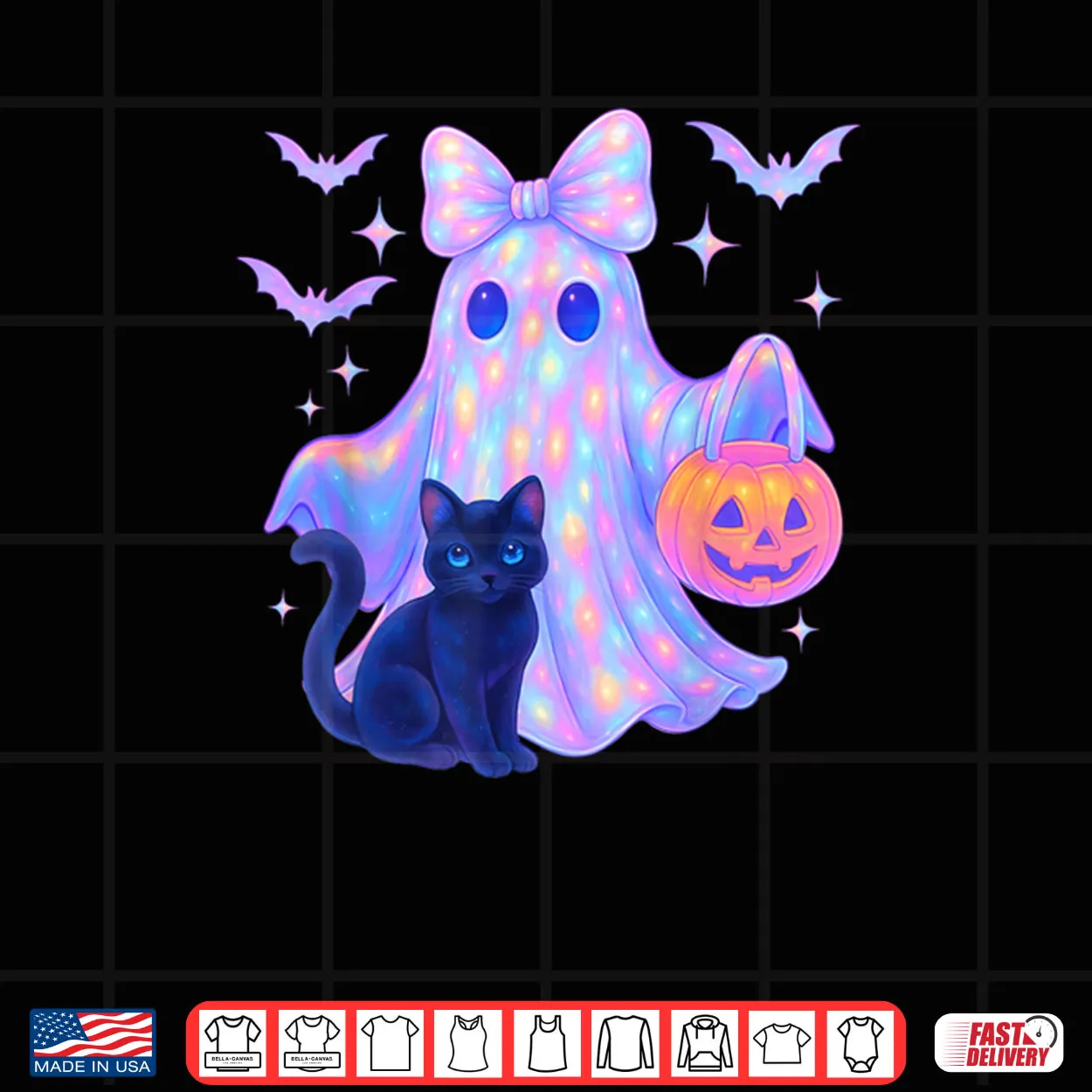 Floral Colorful Ghost Black Cat Coquette Bow Halloween Shirt Floral Colorful Ghost Black Cat Coquette Bow Halloween Shirt