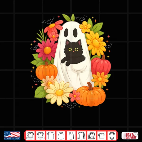 Ghost Floral Black Cat Groovy Vintage Boo Halloween Shirt 3 Design Ghost Floral Black Cat Groovy Vintage Boo Halloween Shirt