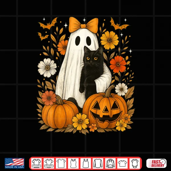Design Ghost Holding Black Cat Groovy Floral Vintage Halloween Shirt