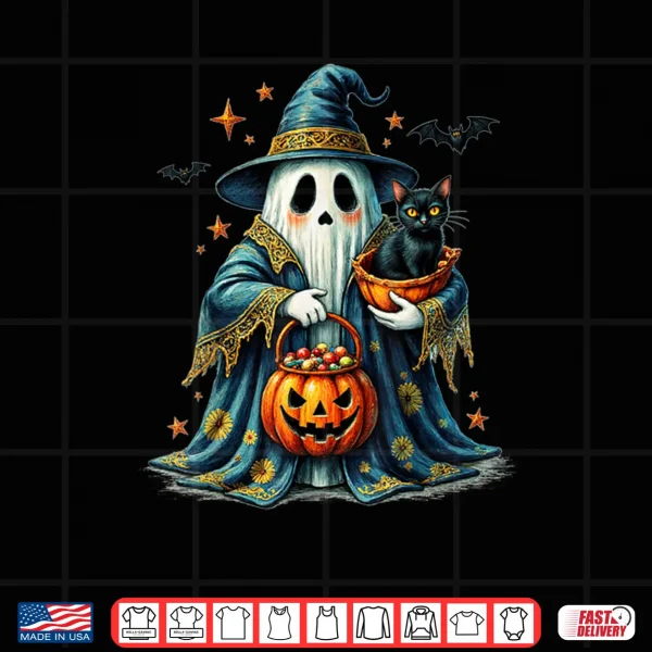 Design Ghost Holding Black Cat Lover Halloween Groovy Floral Shirt