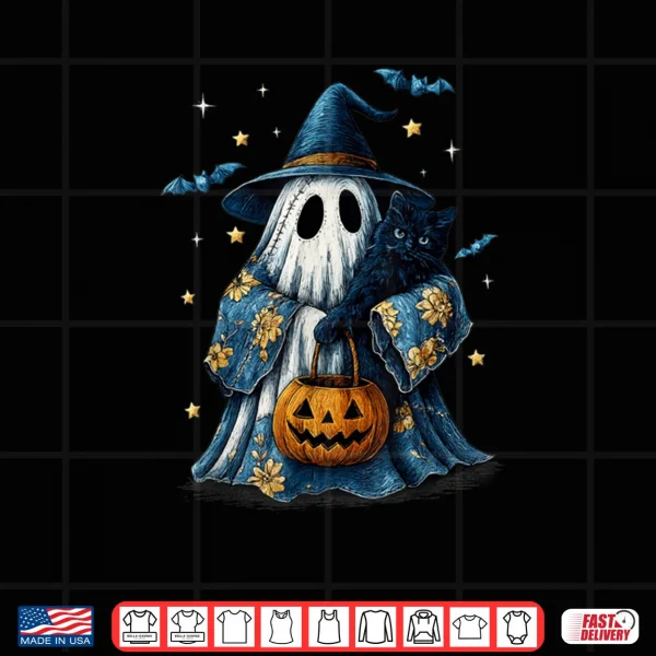 Design Halloween Ghost Holding Black Cat Groovy Floral Shirt