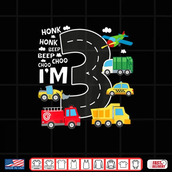 Design Kids 3rd Birthday 3 Year Old Transportation Toddler Boy Car Truck Shirt
