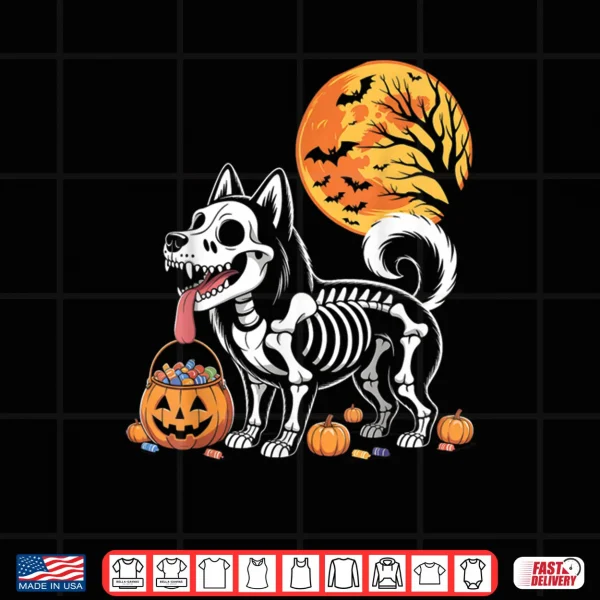 Design Siberian Husky Dog Skeleton Scary Pumpkin Moon Halloween Shirt