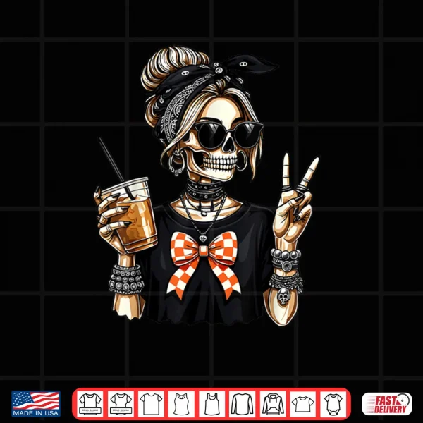 Design Skeleton Girl Drinking Coffee Peace Sign Graphic Shirt