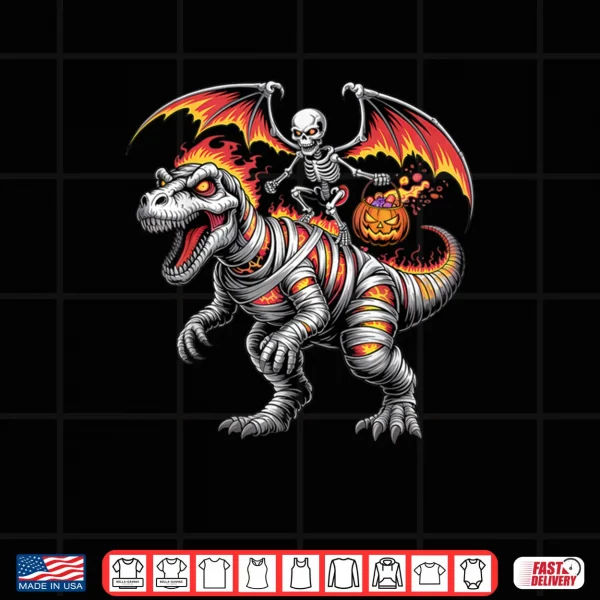 Design Skeleton Riding Dinosaur T Rex Halloween Pumpkin Shirt