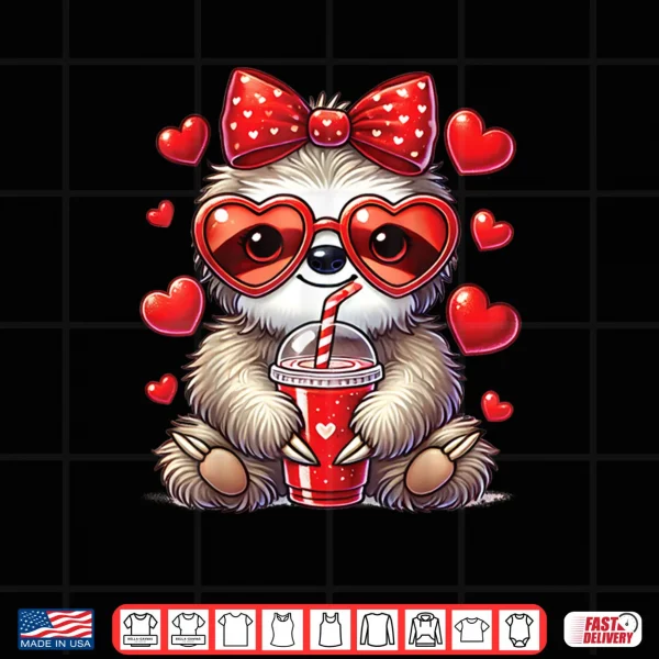 Design Sloth holding heart drinking Coffee sloth valentines Day Bow Shirt