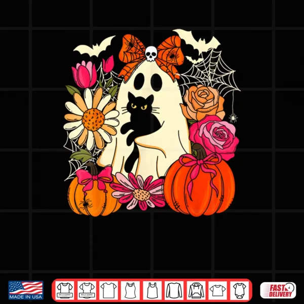 Spooky Ghost Holding Black Cat Groovy Floral Halloween Goth Shirt 2 Design Spooky Ghost Holding Black Cat Groovy Floral Halloween Goth Shirt 1