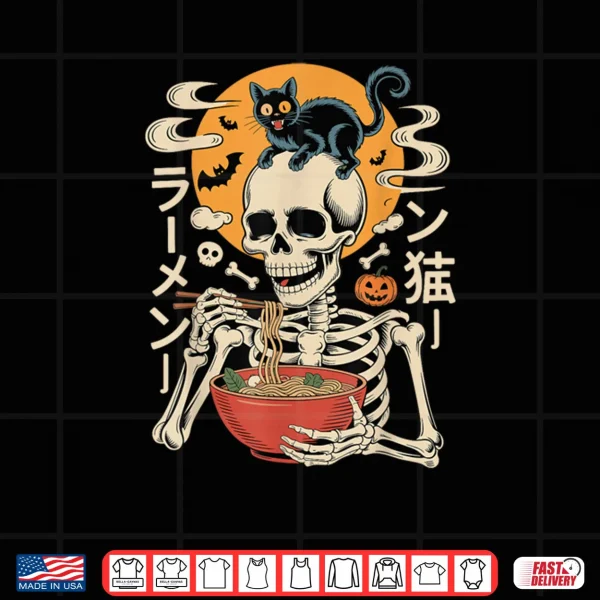 Design Spooky Skeleton Eating Ramen Bowl With Cat Halloween Art Shirt