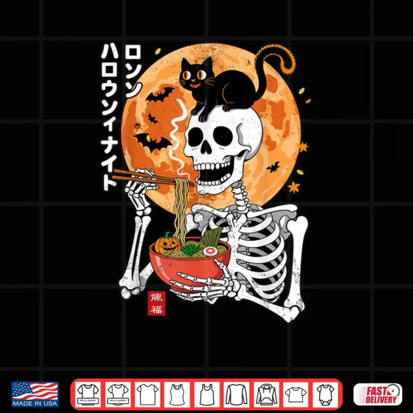 Design Spooky Skeleton Eating Ramen Bowl with Cat Halloween Shirt