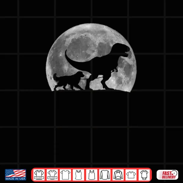 Design T Rex Walking a Dog Funny Golden Retriever Moon Halloween Shirt