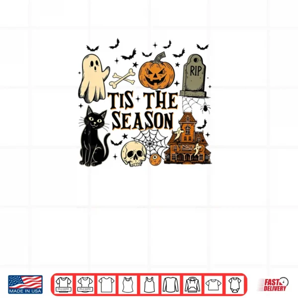 Design Tis The Season Ghost Halloween Pumpkin Spooky Vibes Cat Shirt