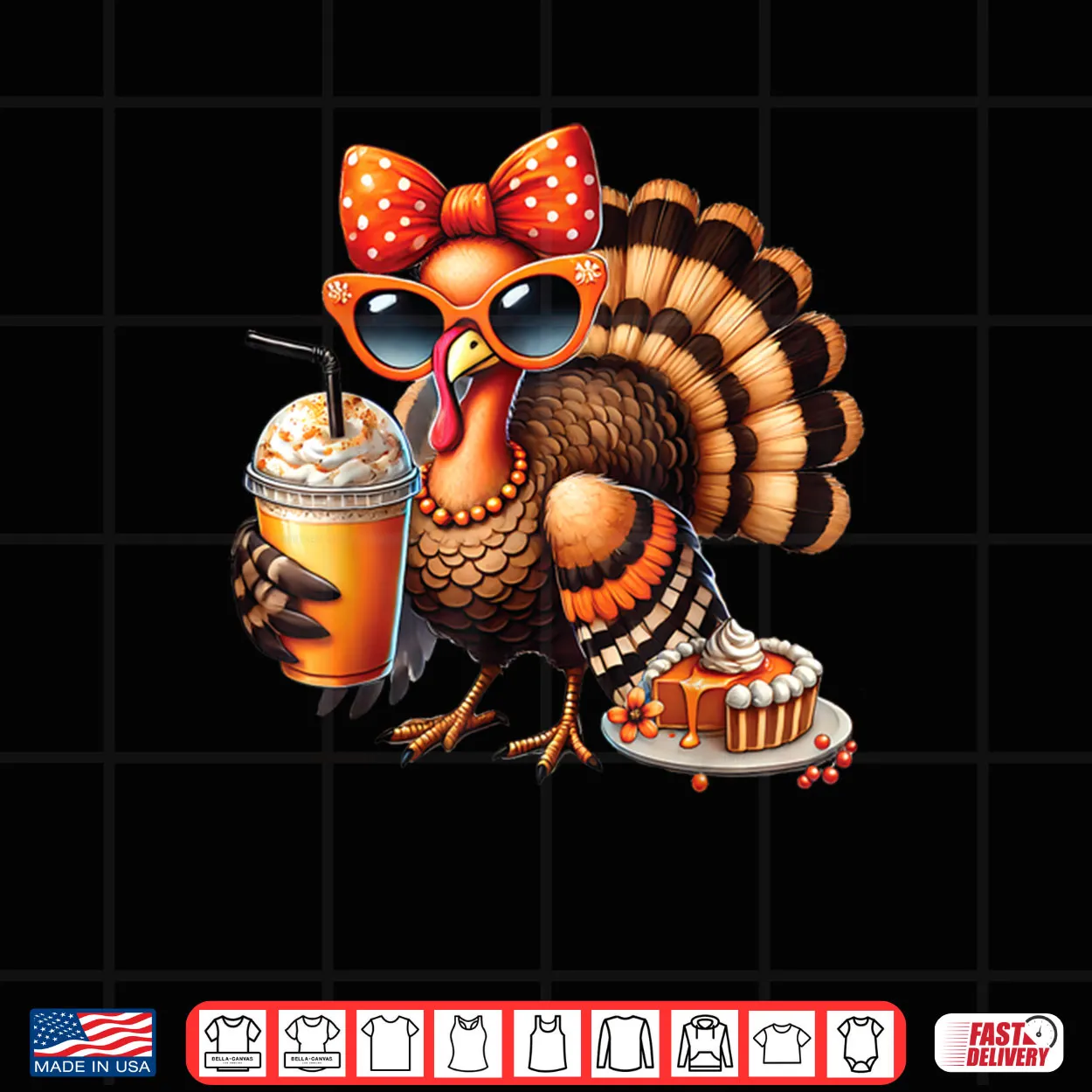 Turkey Drinking Coffee Bow Thanksgiving Womens Turkey Day Shirt Turkey Drinking Coffee Bow Thanksgiving Womens Turkey Day Shirt