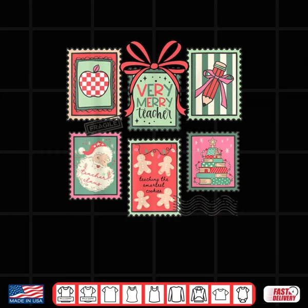 Vintage Preppy Very Merry Teacher Santa Stamps Christmas Shirt 3 Design Vintage Preppy Very Merry Teacher Santa Stamps Christmas Shirt