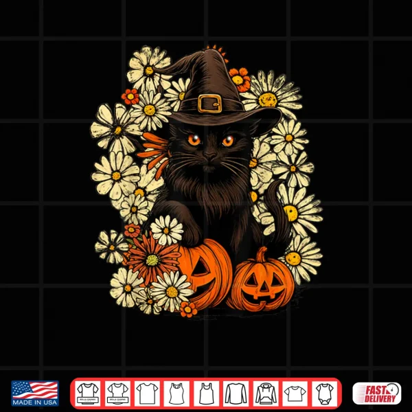 Design Witchy Black Cat with Flowers and Pumpkin Halloween Shirt