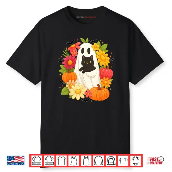 Ghost Floral Black Cat Groovy Vintage Boo Halloween Shirt