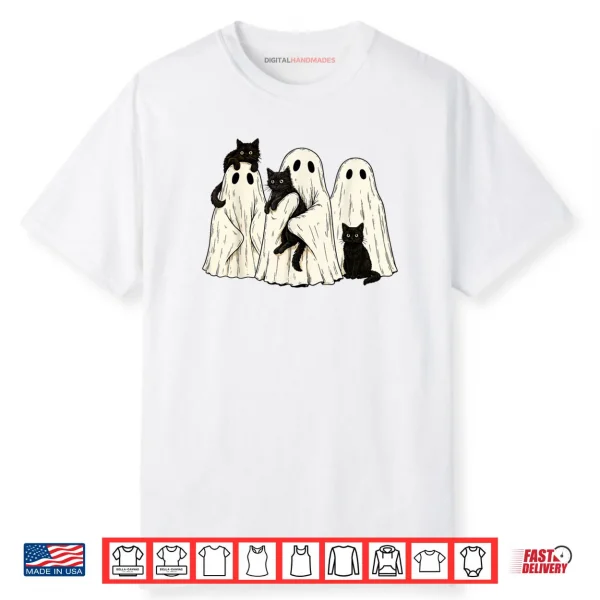 Ghost Holding Black Cat Costume Retro Halloween Shirt