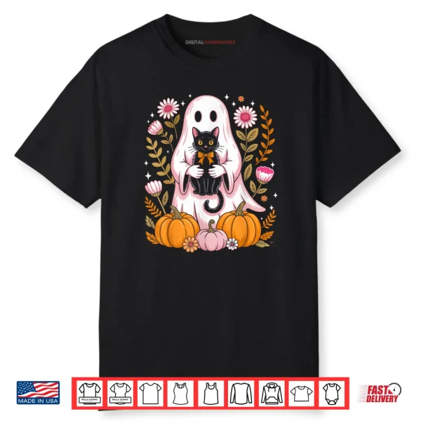 Ghost Holding Black Cat Groovy Floral Cute Halloween Shirt
