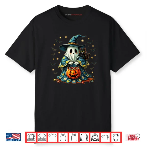 Ghost Holding Black Cat Groovy Floral Halloween Shirt
