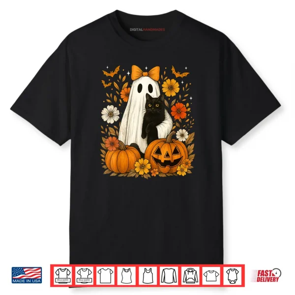 Ghost Holding Black Cat Groovy Floral Vintage Halloween Shirt