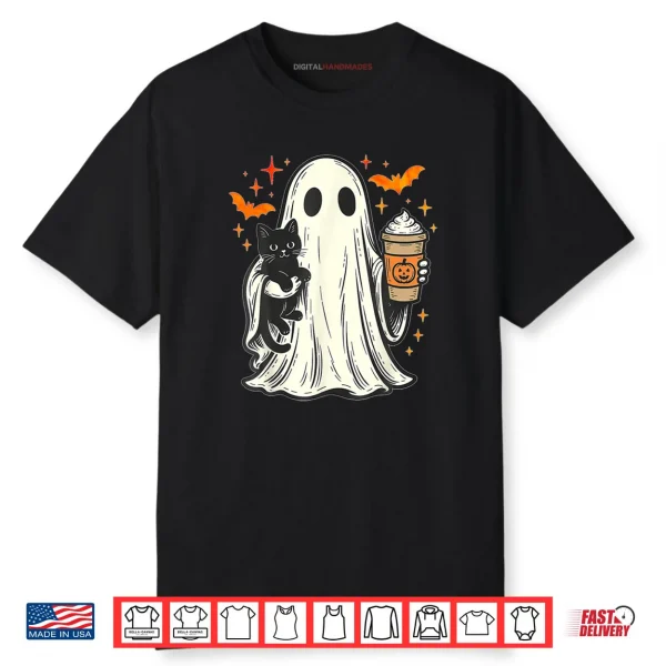 Ghost Holding Black Cat Ice Coffee Lover Vintage Halloween Shirt
