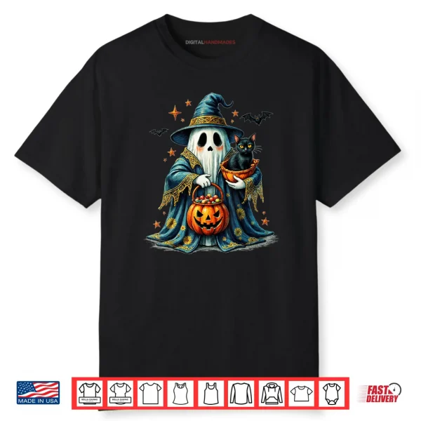 Ghost Holding Black Cat Lover Halloween Groovy Floral Shirt