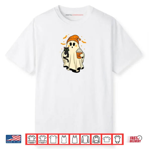 Ghost Holding Black Cat Pumpkin Spice Vintage Halloween Shirt