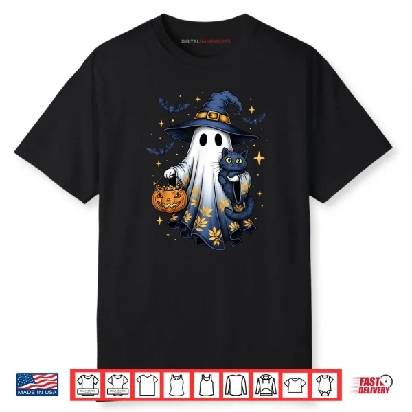 Ghost Witch Holding Black Cat Funny Halloween Shirt