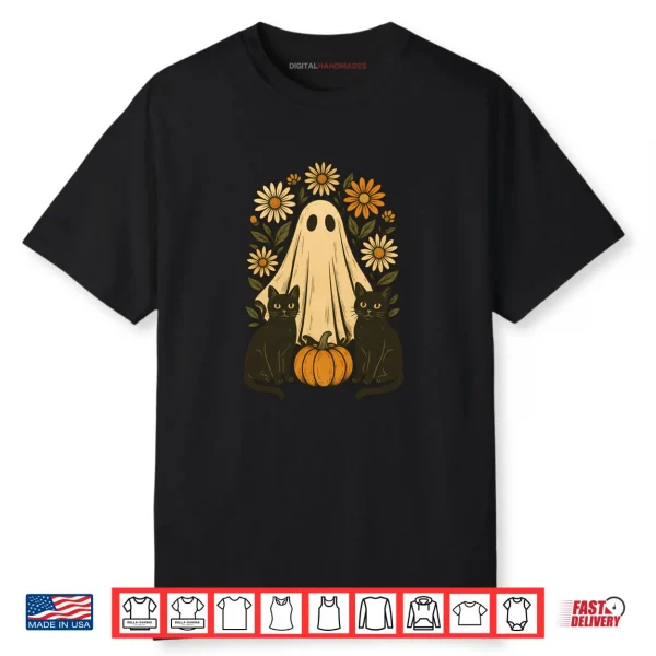 Halloween Ghost Holding Black Cat Groovy Floral Shirt