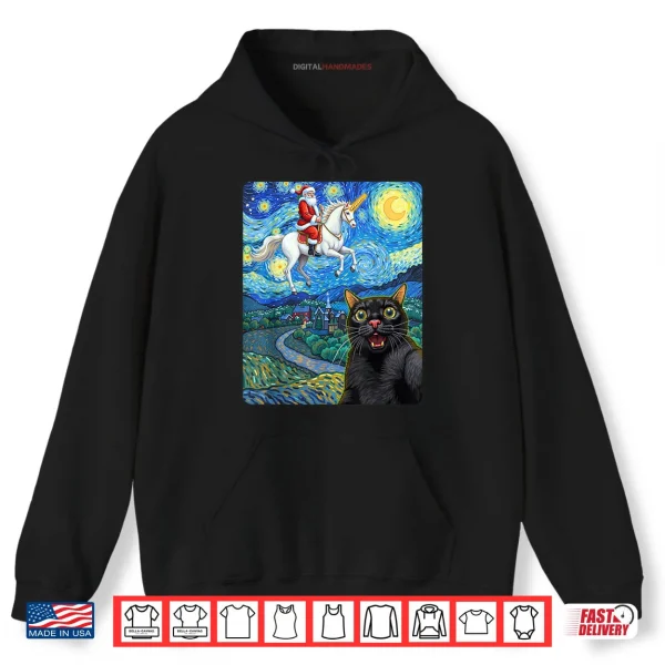 Hoodie Black Cat Selfie with Santa Unicorn Starry Night Oil Paint Shirt