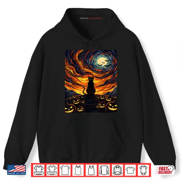 Hoodie Black Cat Van Gogh Starry Night Halloween Cat Shirt