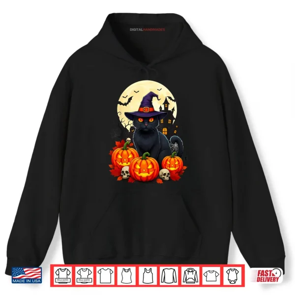 Hoodie Black Cat Witch Scary Pumpkin Halloween Shirt