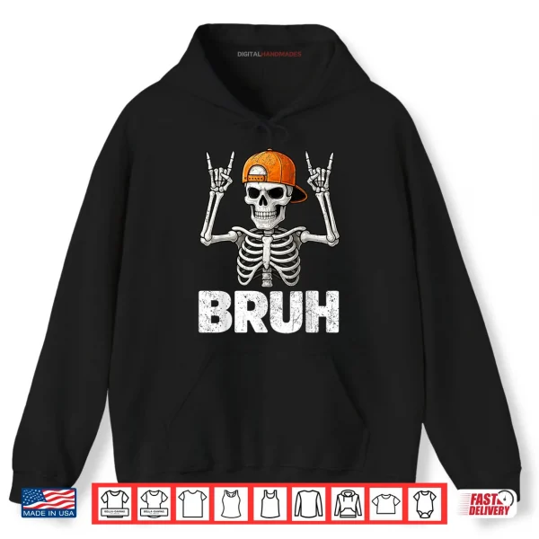 Hoodie Bruh Halloween Skeleton Rock On Shirt