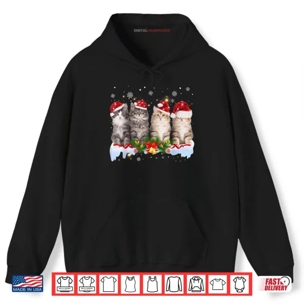 Hoodie Cat Christmas Light Santa Hat Xmas Decorations Meowy Catmas Shirt