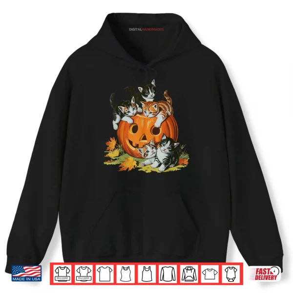 Hoodie Cat Pumpkin Halloween Retro Spooky Season Vintage 90s Shirt