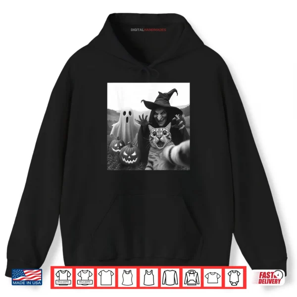 Hoodie Cat Selfie with Ghost Boo Witch Pumpkin Halloween Shirt