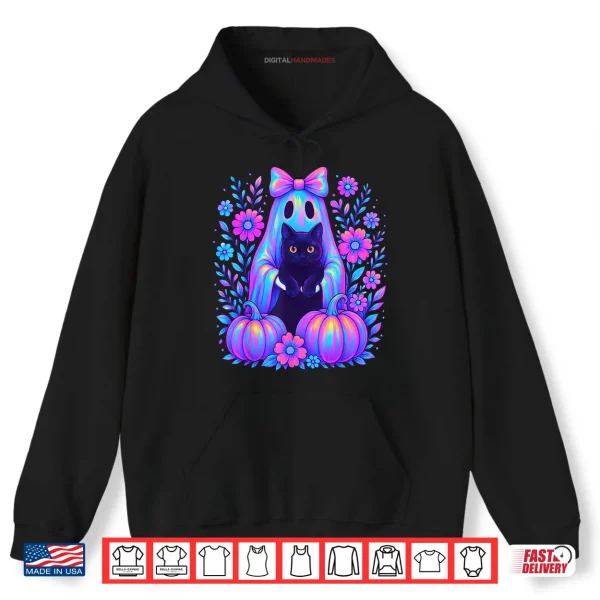 Hoodie Colorful Halloween Ghost Holding Black Cat Bow Spooky Shirt